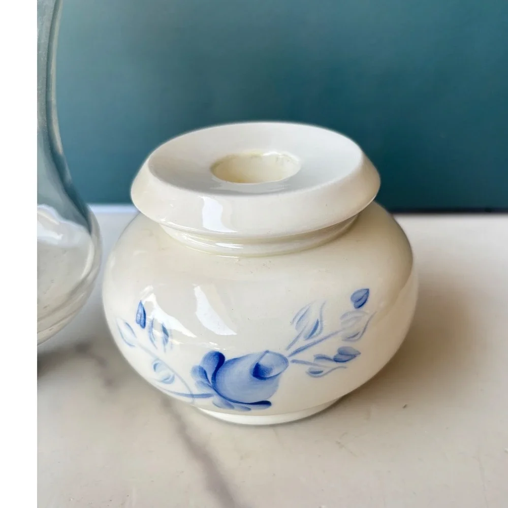 Vintage Hurricane Candle Holder Blue Floral Ceramic Hand Painted USA